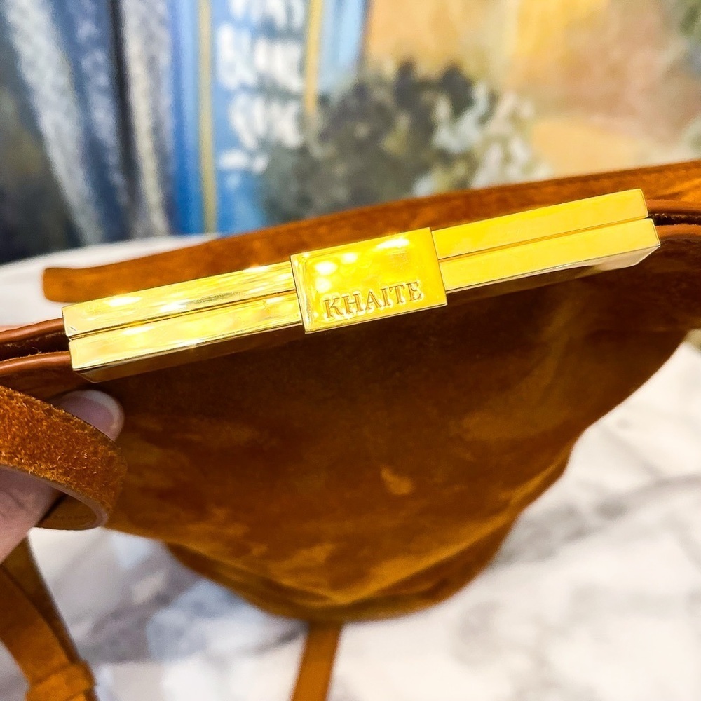 Khaite Etta Suede Bucket Bag Leather Crossbody Brown Gold Frame GUC - Picture 7 of 12
